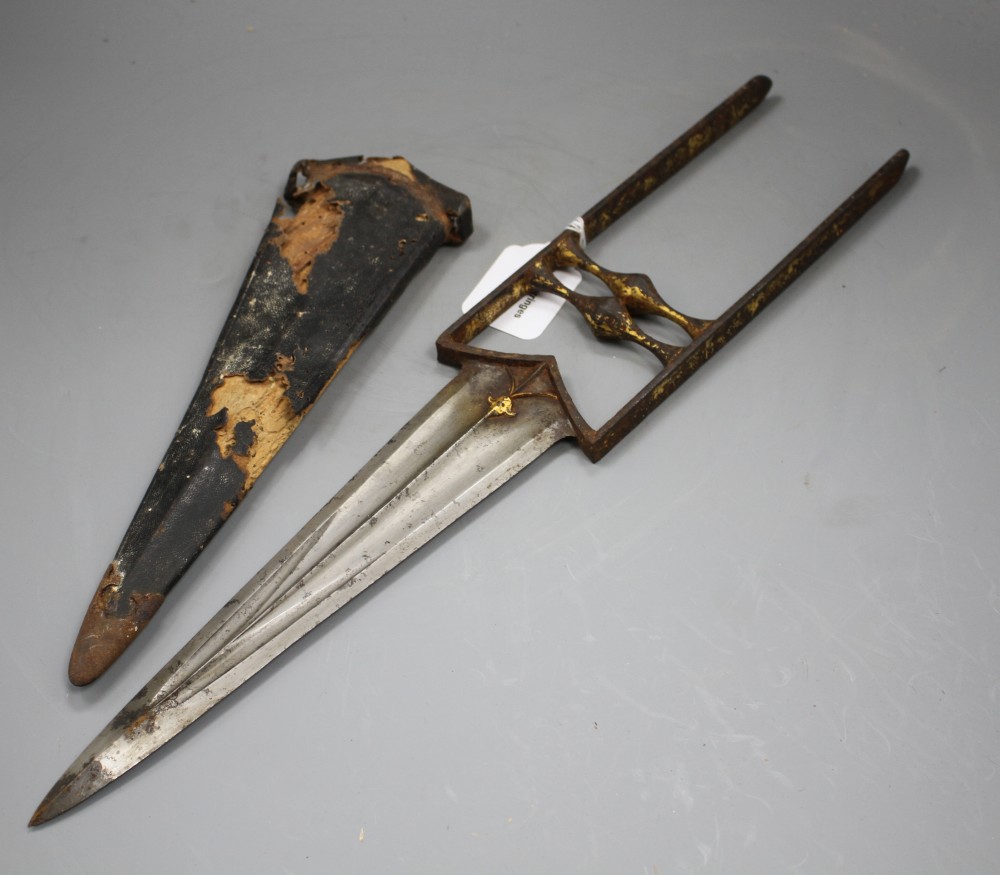 An Indian dagger katar, 17th century, finely watered steel blade 26cms gold inlaid at the root,